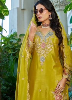 Mustard chinon free size stitched plazzo suit with dhaga & sequin  2