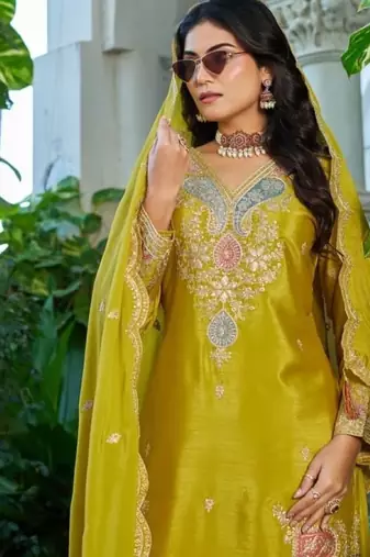 Mustard chinon free size stitched plazzo suit with dhaga & sequin 