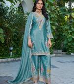Sky blue chinon free size stitched plazzo suit with dhaga & sequence work