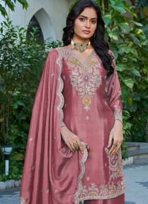 Peach chinon free size stitched plazzo suit with dhaga & sequin  2