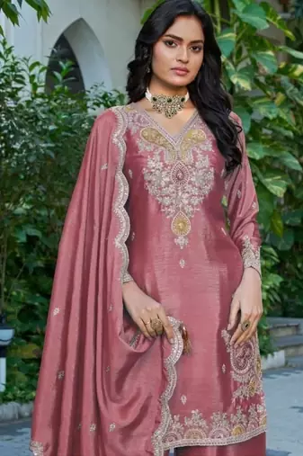 Peach chinon free size stitched plazzo suit with dhaga & sequin 