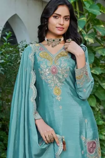 Sky blue chinon free size stitched plazzo suit with dhaga & sequin 