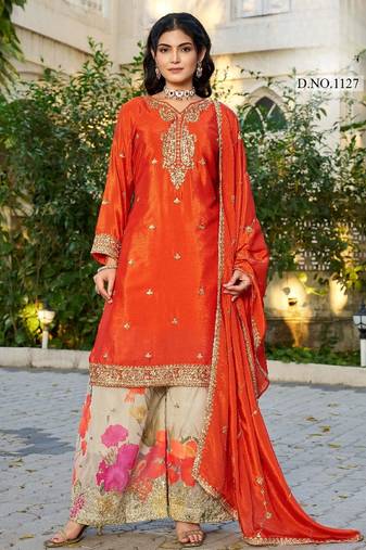 Orange chinon free size stitched plazzo suit with codding dori & sequence work