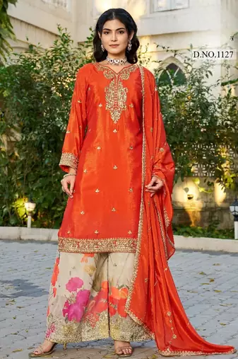 Orange chinon free size stitched plazzo suit with codding dori & sequence work
