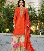 Orange chinon free size stitched plazzo suit with codding dori & sequence work