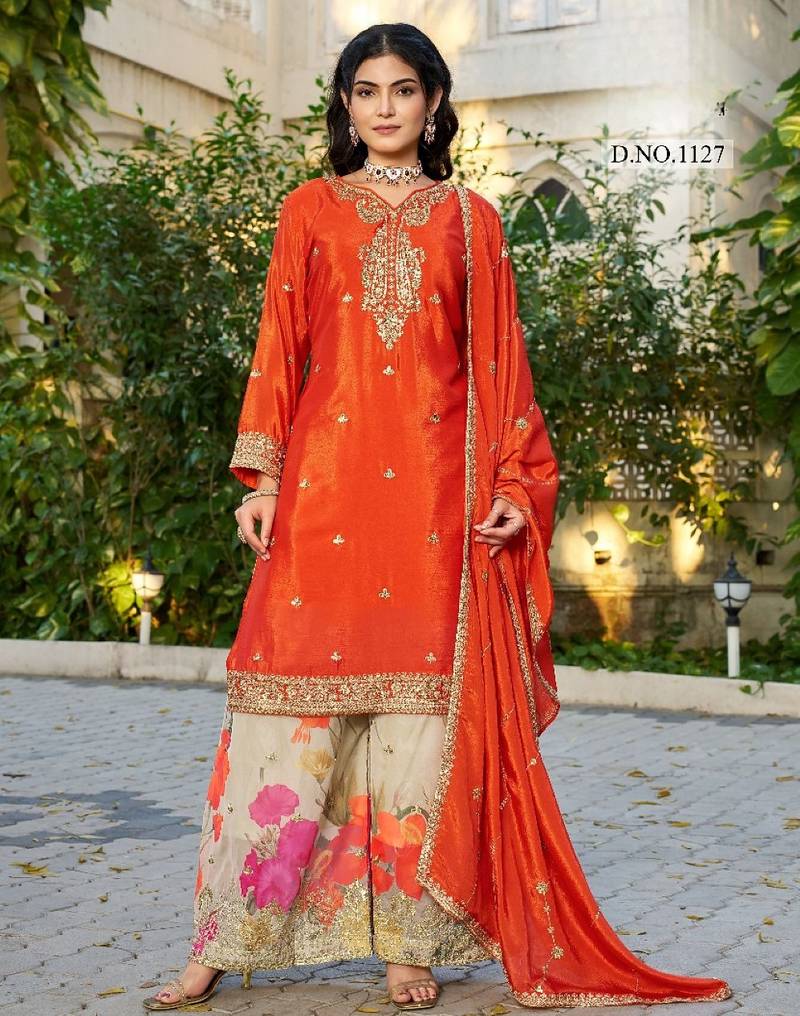 Orange chinon free size stitched plazzo suit with codding dori & sequence work