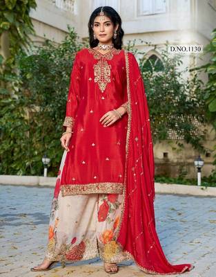 Red chinon free size stitched plazzo suit with codding dori & sequin  1