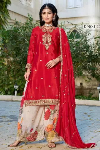 Red chinon free size stitched plazzo suit with codding dori & sequence work