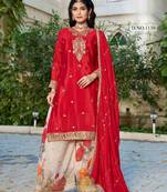 Red chinon free size stitched plazzo suit with codding dori & sequence work