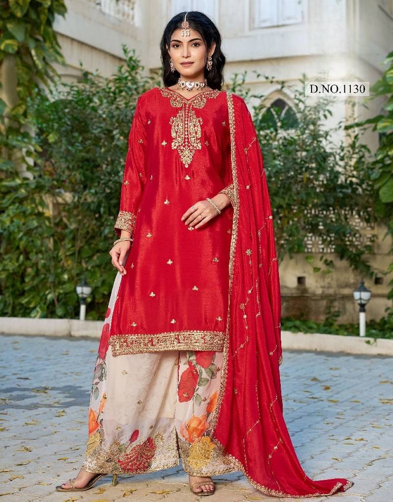 Red chinon free size stitched plazzo suit with codding dori & sequence work