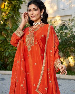 Orange chinon free size stitched plazzo suit with codding dori & sequin  2