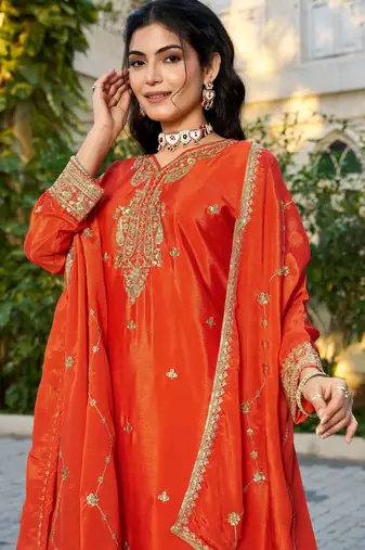 Orange chinon free size stitched plazzo suit with codding dori & sequin 
