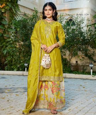 Mustard chinon free size stitched plazzo suit with codding dori & sequin  1