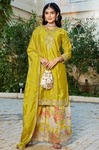 Mustard chinon free size stitched plazzo suit with codding dori & sequence work