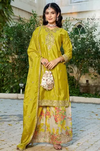 Mustard chinon free size stitched plazzo suit with codding dori & sequence work