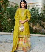 Mustard chinon free size stitched plazzo suit with codding dori & sequence work