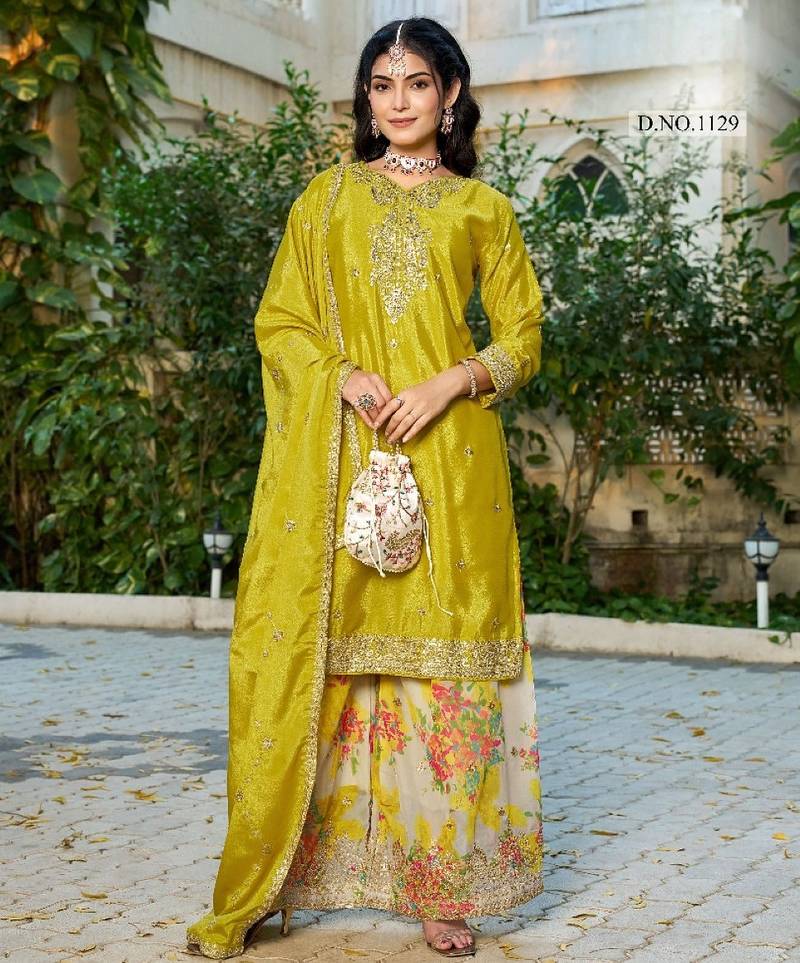 Mustard chinon free size stitched plazzo suit with codding dori & sequence work