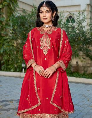 Red chinon free size stitched plazzo suit with codding dori & sequin  2