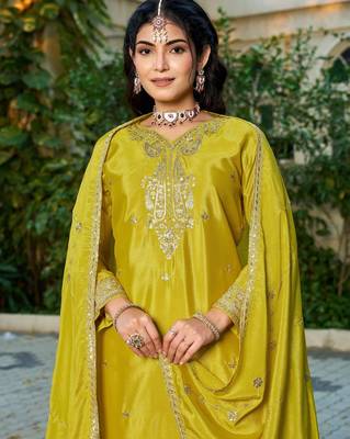 Mustard chinon free size stitched plazzo suit with codding dori & sequin  2