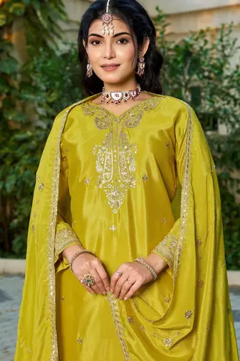 Mustard chinon free size stitched plazzo suit with codding dori & sequin 