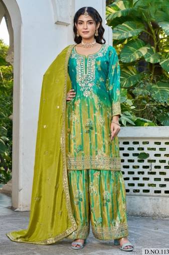 Sea green chinon free size stitched plazzo suit with digital printed & hand work