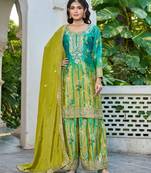 Sea green chinon free size stitched plazzo suit with digital printed & hand work