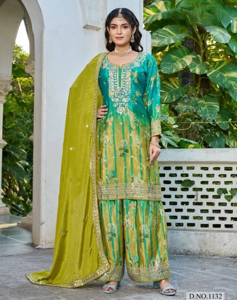 Sea green chinon free size stitched plazzo suit with digital printed & hand work