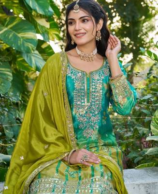 Sea green chinon free size stitched plazzo suit with digital printed & hand  2