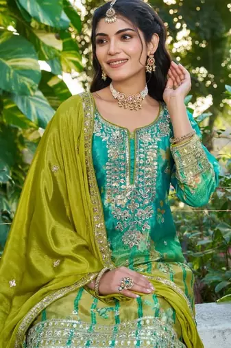 Sea green chinon free size stitched plazzo suit with digital printed & hand 