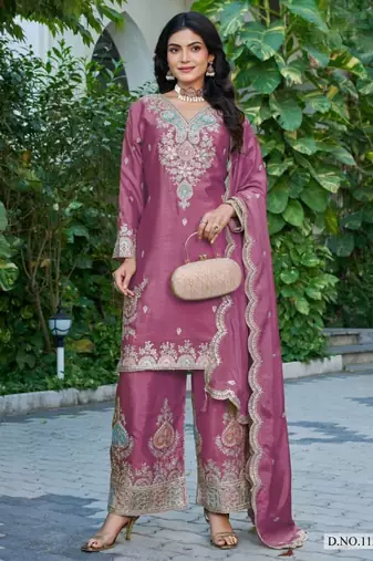 Magenta chinon free size stitched plazzo suit with dhaga & sequence work