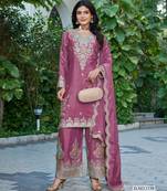 Magenta chinon free size stitched plazzo suit with dhaga & sequence work