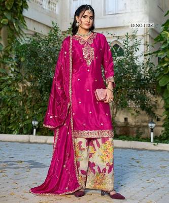Hot pink chinon free size stitched plazzo suit with codding dori & sequin  1