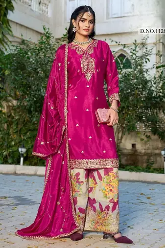 Hot pink chinon free size stitched plazzo suit with codding dori & sequence work