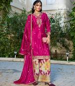 Hot pink chinon free size stitched plazzo suit with codding dori & sequence work