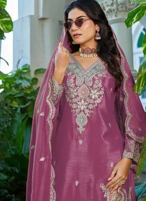 Magenta chinon free size stitched plazzo suit with dhaga & sequin  2