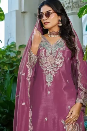Magenta chinon free size stitched plazzo suit with dhaga & sequin 