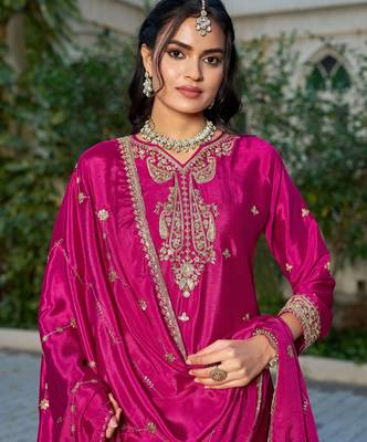 Hot pink chinon free size stitched plazzo suit with codding dori & sequin  2