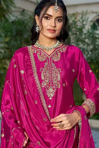 Hot pink chinon free size stitched plazzo suit with codding dori & sequin 