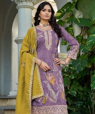 Purple shimmer free size stitched plazzo suit with codding dori & sequin  3