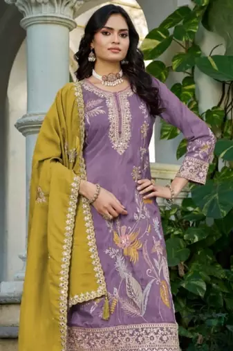 Purple shimmer free size stitched plazzo suit with codding dori & sequin 