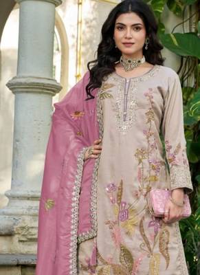 Cream shimmer free size stitched plazzo suit with codding dori & sequin  3