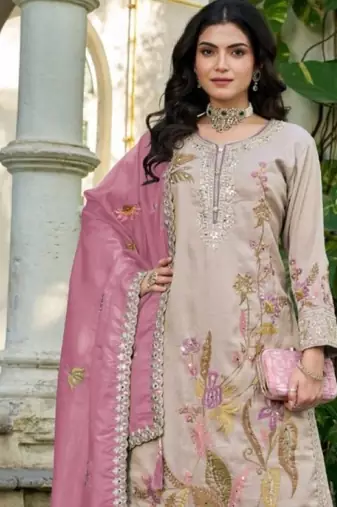 Cream shimmer free size stitched plazzo suit with codding dori & sequin 