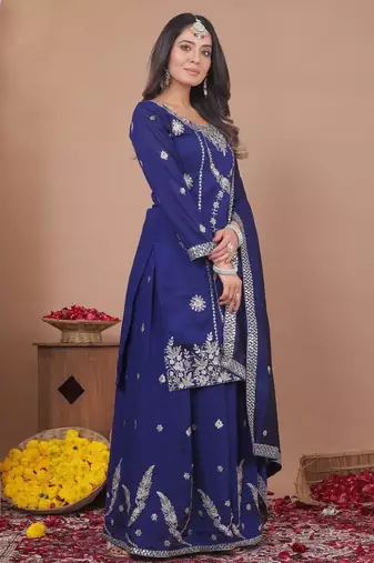 Blue vichitra sik   party wear embroidery  suit set