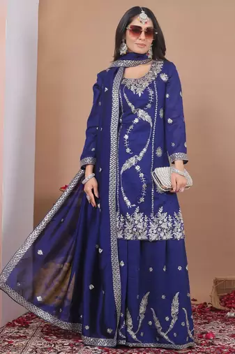 Blue vichitra sik   party wear embroidery  suit set