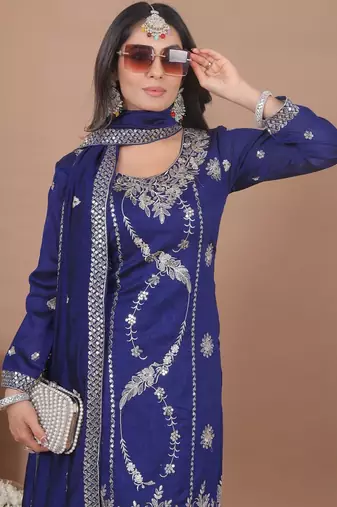 Blue vichitra sik   party wear embroidery  suit set