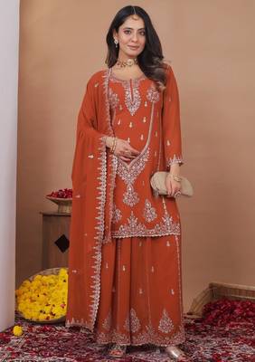 Orange georgette party wear embroidery suit set 2