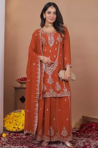 Orange georgette party wear embroidery suit set