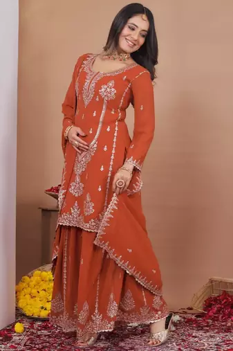 Orange georgette party wear embroidery suit set