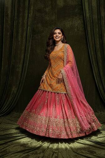 Orange & Pink Embroidered Lehenga Choli Set with Dupatta for Weddings and Festive Wear