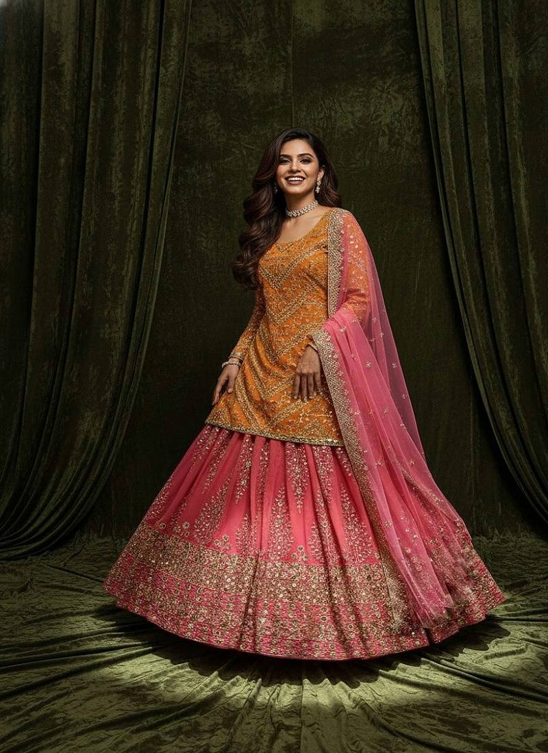 Orange & Pink Embroidered Lehenga Choli Set with Dupatta for Weddings and Festive Wear